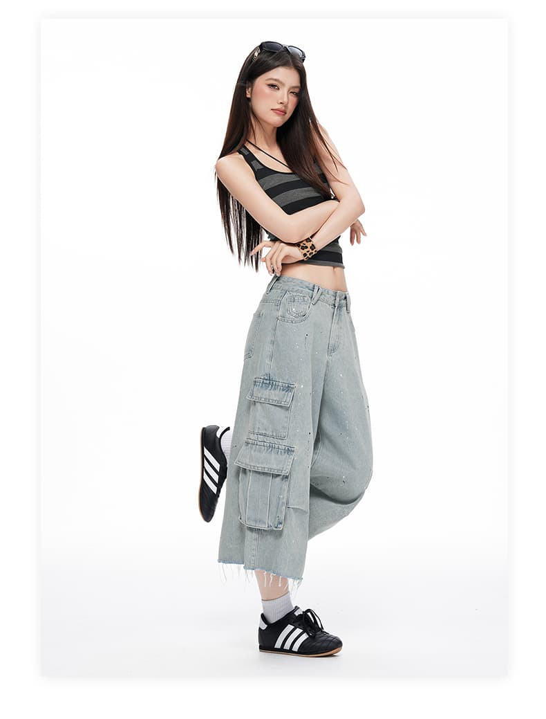 실사 잉크젯 7 점 데님 여름 워크웨어 와이드 레그 팬츠 서있는 사려 깊은 가방 잉크 포인트 캐주얼 청바지 상세 이미지 15