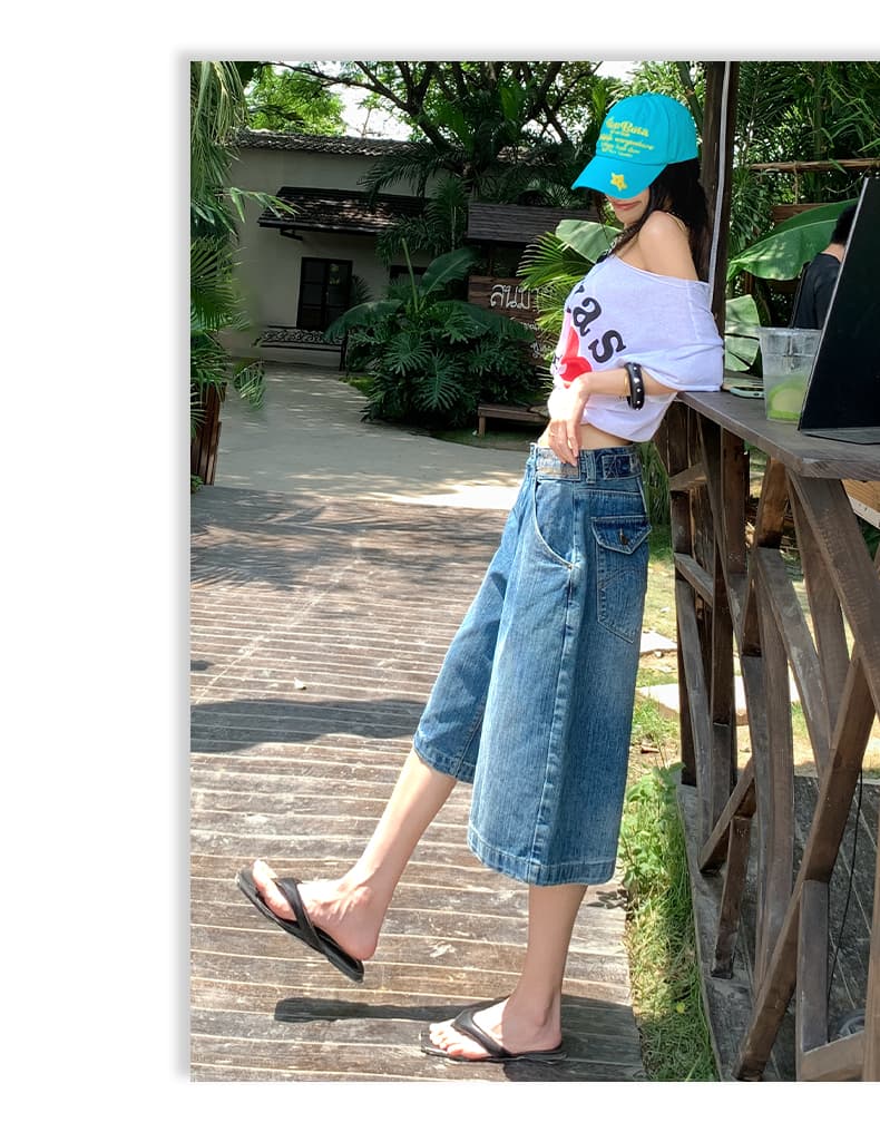 실사 아메리칸 레트로 파리 버클 디자인 대나무 마디 데님 패브릭 7 점 데님 와이드 레깅스 바지 상세 이미지 9