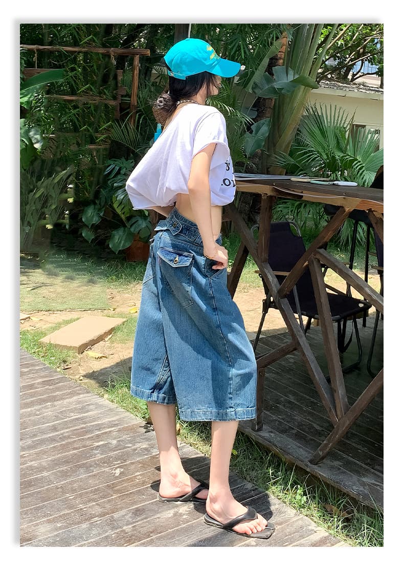 실사 아메리칸 레트로 파리 버클 디자인 대나무 마디 데님 패브릭 7 점 데님 와이드 레깅스 바지 상세 이미지 20