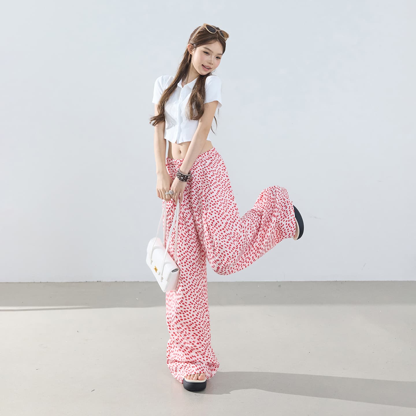 실사 아메리칸 레트로 허리밴드 펌프 로프 루즈핏 와이드 레그 팬츠 도루 센스 바닥 청소 여름 꽃무늬 스트레이트 캐주얼 바지 여성 이미지 2