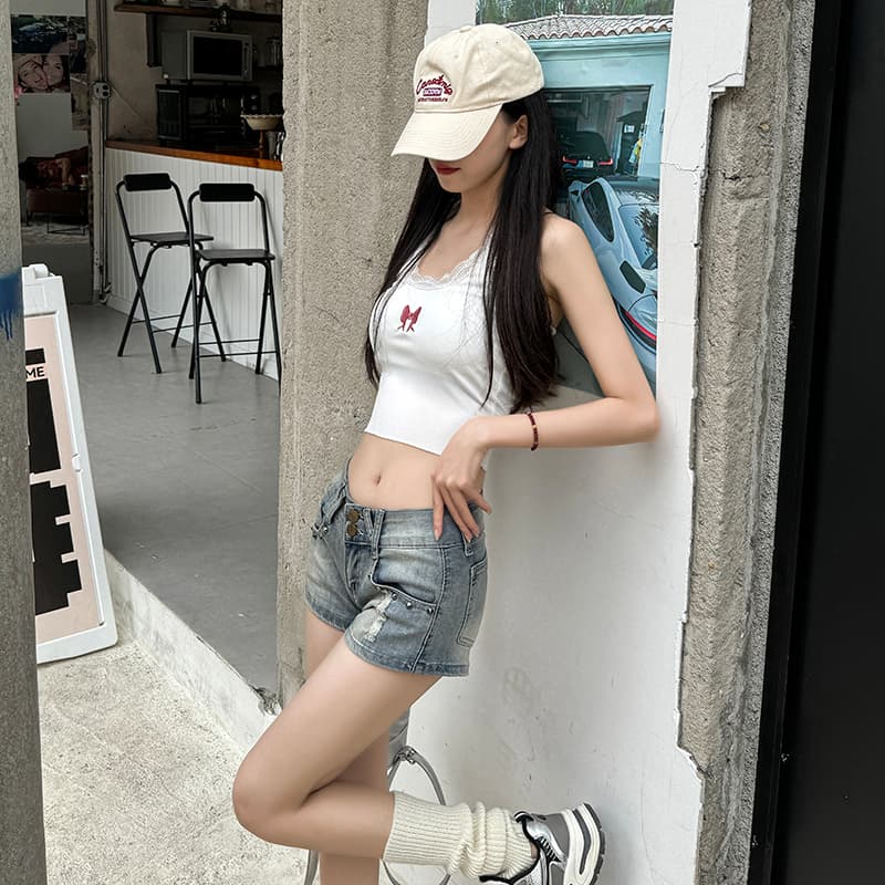 실사 아메리칸 레트로 핫걸 더블 버클 징 신축성 데님 반바지 2026 여름 새로운 타이트 스커트 짧은 핫 바지 여성 이미지 2