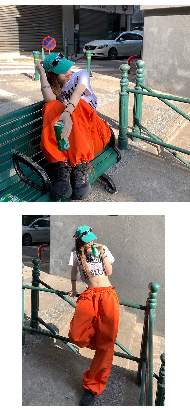 실사 달콤한 차가운 일몰 주황색 거리 밖 일상 슬림해 보이는 핫걸 눈길을 끄는 싱글 제품 캐주얼 워크웨어 팬츠 상세 이미지 6