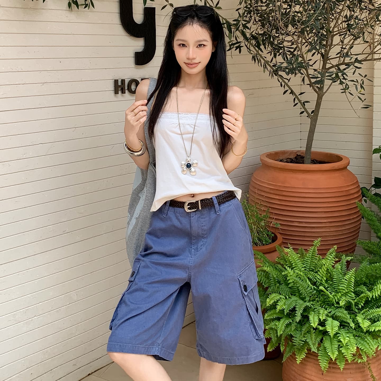 실사 아메리칸 레트로 법 일 블루 빅 포켓 루즈핏 데님 다섯 노동 분업 바지 여성 이미지 4