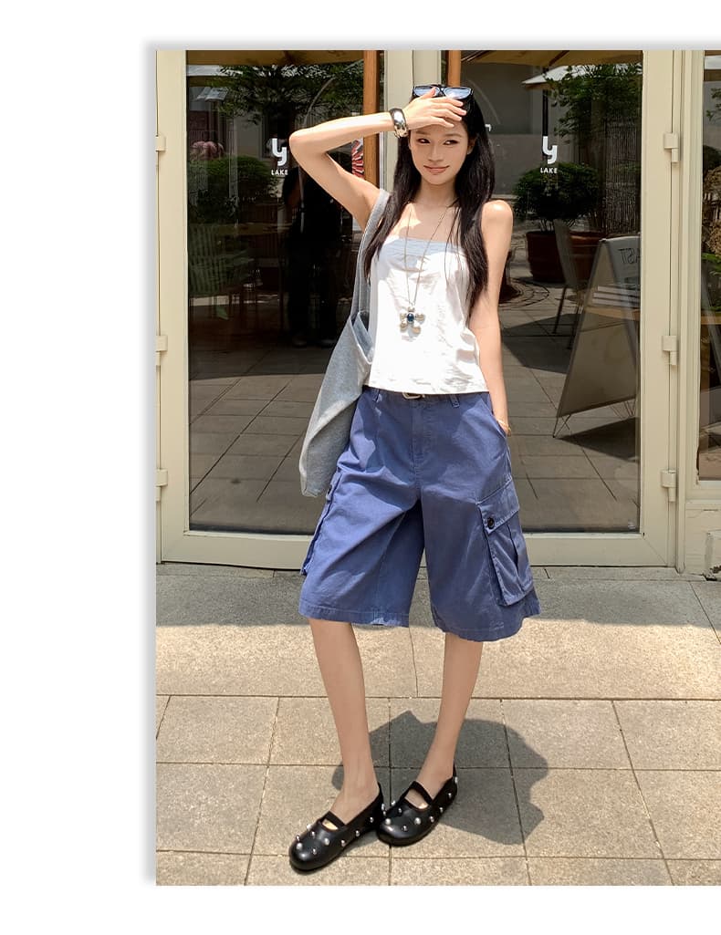실사 아메리칸 레트로 법 일 블루 빅 포켓 루즈핏 데님 다섯 노동 분업 바지 여성 상세 이미지 8