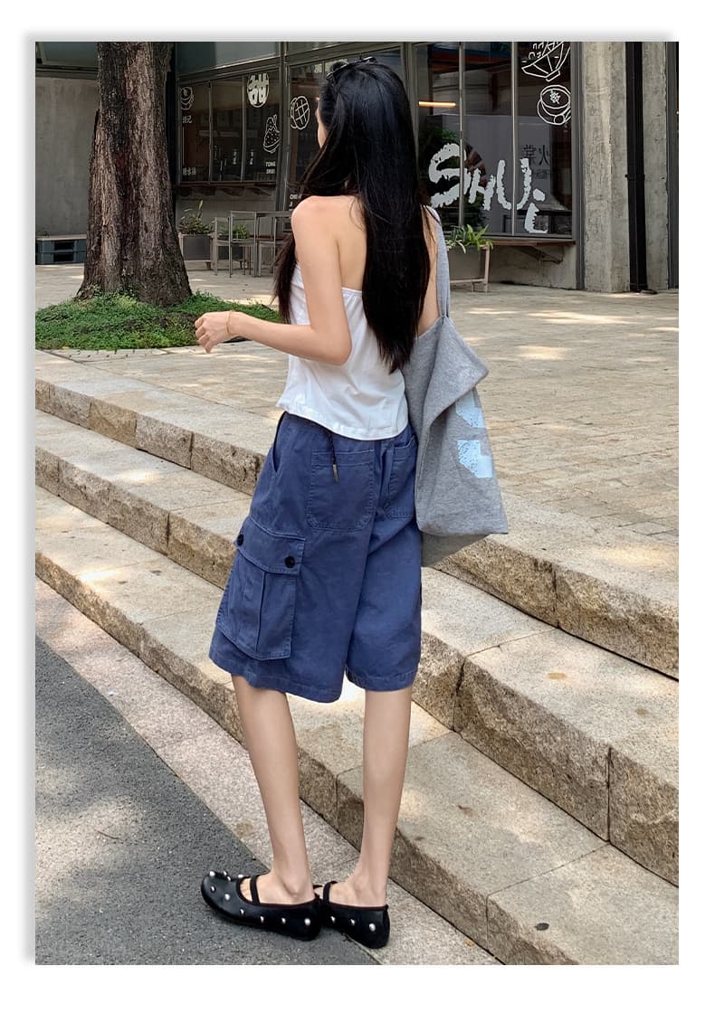 실사 아메리칸 레트로 법 일 블루 빅 포켓 루즈핏 데님 다섯 노동 분업 바지 여성 상세 이미지 19