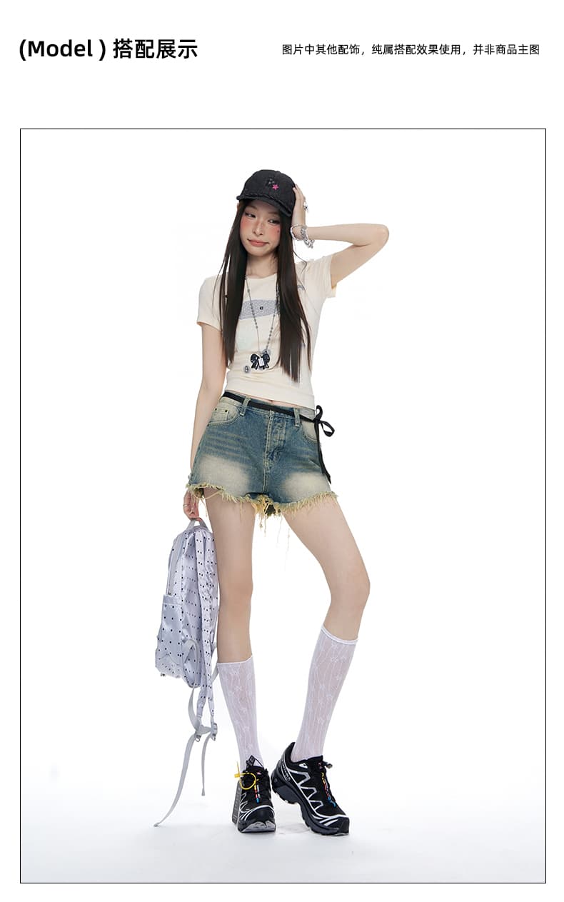 실사 신제품 2026 여름 레이스업 홀치기 염색 술 반바지 하이웨이스트 레트로 핫걸 캐주얼 데님 반바지 상세 이미지 6