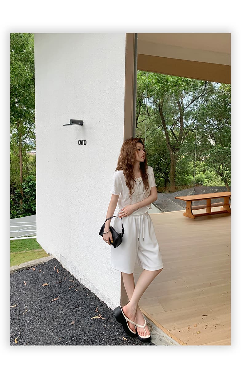 실사 2 색 아메리칸 레트로 루즈핏 와이드 레그 팬츠 허리밴드 펌프 로프 다용도 스트레이트 5 점 여름 캐주얼 바지 여성 상세 이미지 19