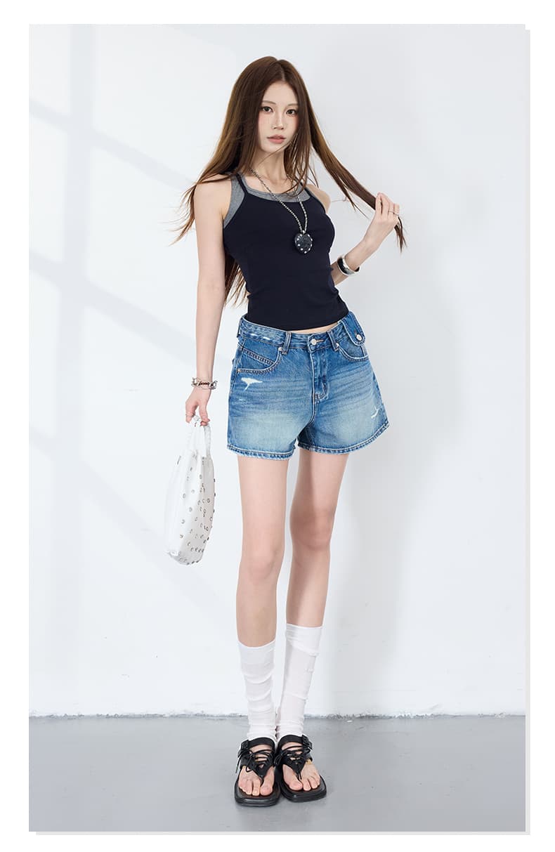 실사 레트로 데님 클래식 핏 스타일 루즈핏 버전 데님 반바지 핫 바지 얇은 스타일 상세 이미지 10