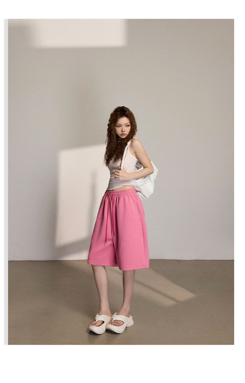 실사 2 색 아메리칸 레트로 루즈핏 와이드 레그 팬츠 허리밴드 펌프 로프 다용도 스트레이트 5 점 여름 캐주얼 바지 여성 상세 이미지 14