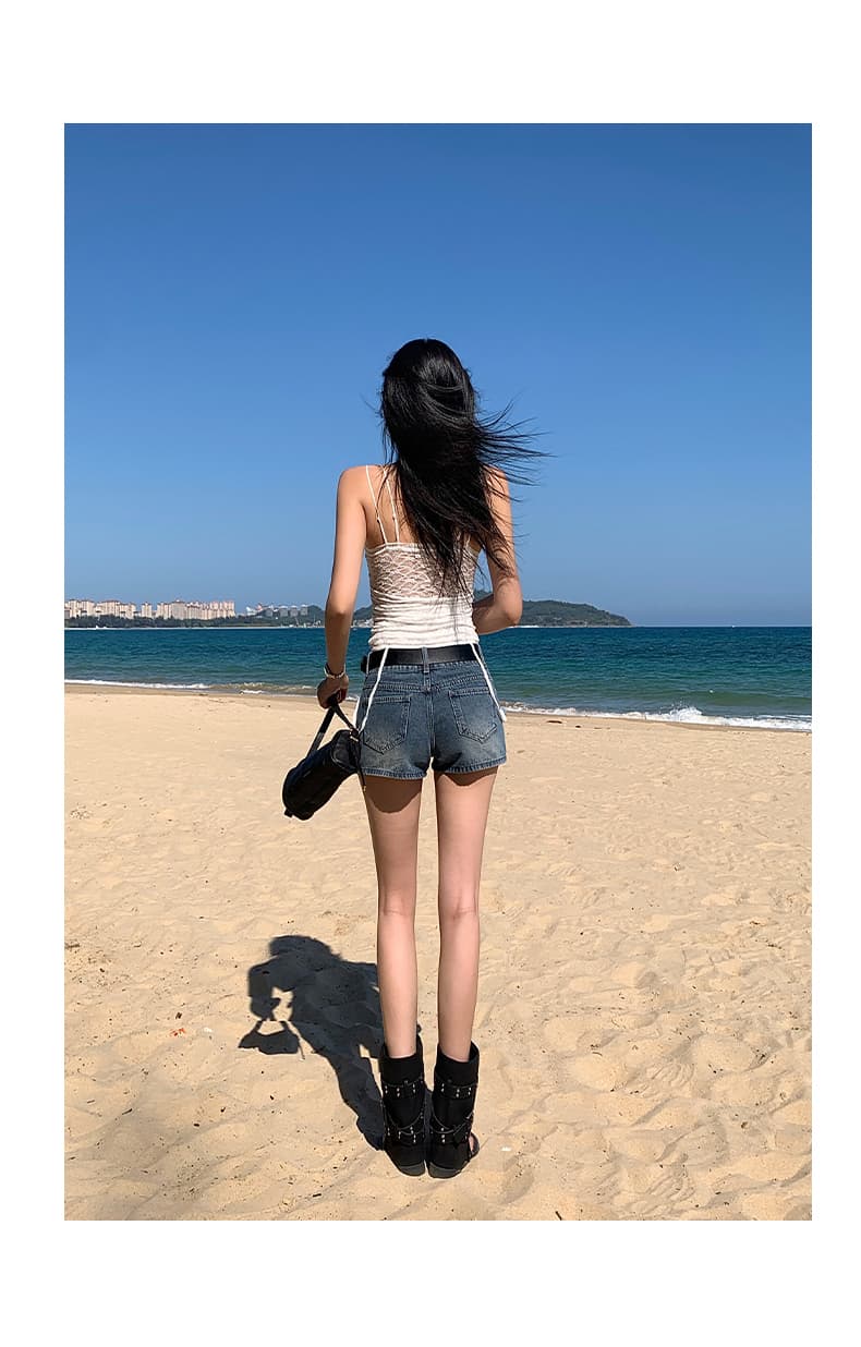 실사 푸켓 26 년 여름 새로운 파리 공동 파란색 레트로 워싱 데님 반바지 여성 상세 이미지 16