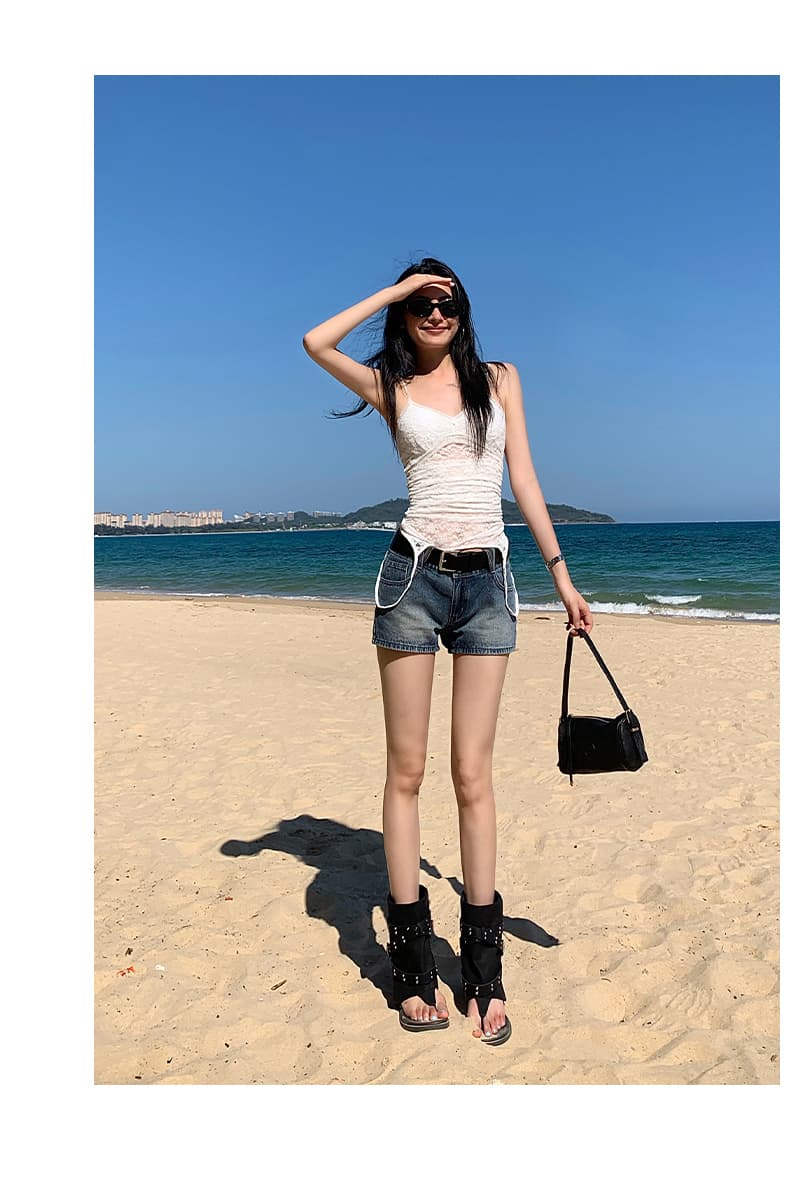 실사 푸켓 26 년 여름 새로운 파리 공동 파란색 레트로 워싱 데님 반바지 여성 상세 이미지 18