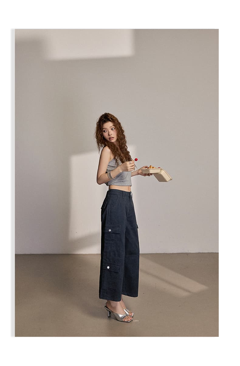 실사 2 색 아메리칸 레트로 루즈핏 스트레이트 팬츠 다용도 여름 기타 주머니 워크웨어 팬츠 8 점 바지 청바지 여성 상세 이미지 12