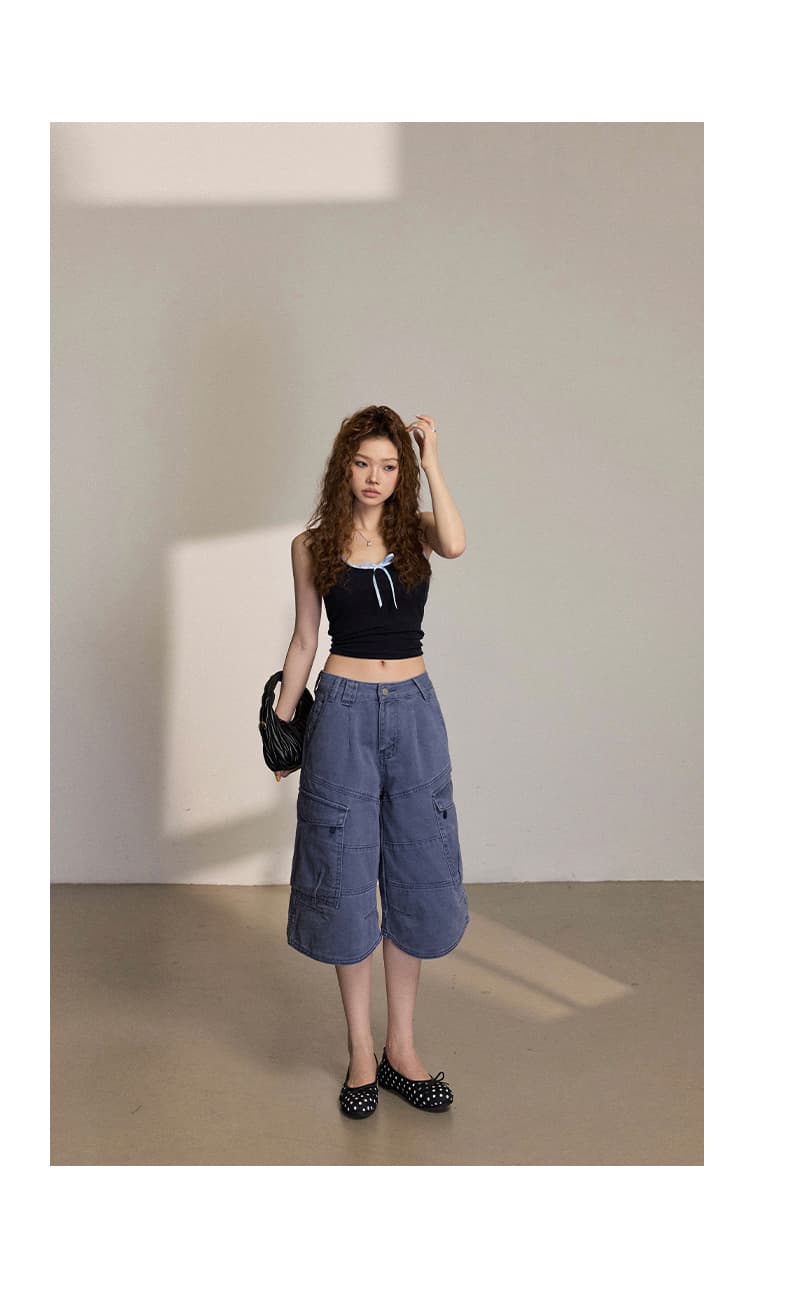 실사 아메리칸 레트로 루즈핏 와이드 레그 팬츠 다용도 기타 주머니 워크웨어 7부 바지 청바지 여성 여름 새로운 상세 이미지 19