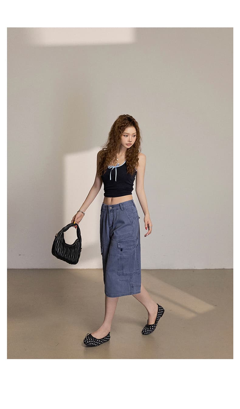 실사 아메리칸 레트로 루즈핏 와이드 레그 팬츠 다용도 기타 주머니 워크웨어 7부 바지 청바지 여성 여름 새로운 상세 이미지 20
