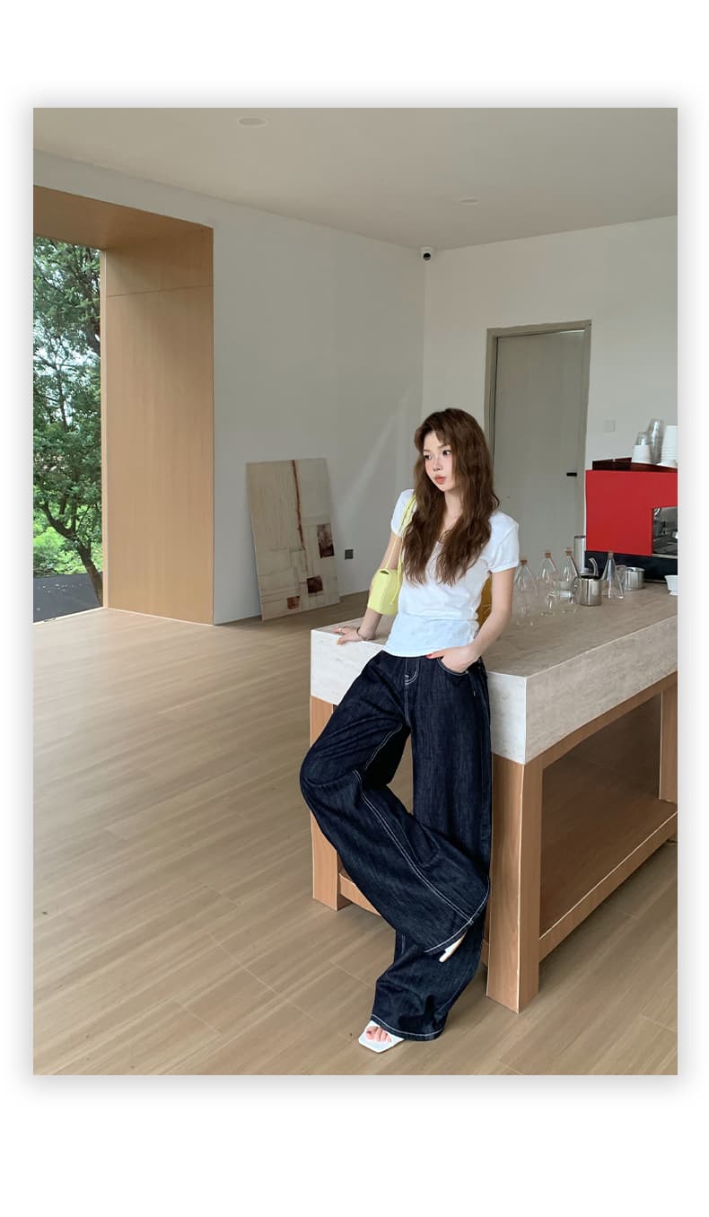 실사 아메리칸 레트로 루즈핏 와이드 레그 팬츠 다용도 모통이 칼 바지 등 허리 수 있습니다. 조정 버클 디자인 청바지 여성 새로운 상세 이미지 13
