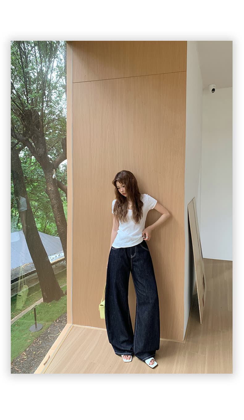 실사 아메리칸 레트로 루즈핏 와이드 레그 팬츠 다용도 모통이 칼 바지 등 허리 수 있습니다. 조정 버클 디자인 청바지 여성 새로운 상세 이미지 18