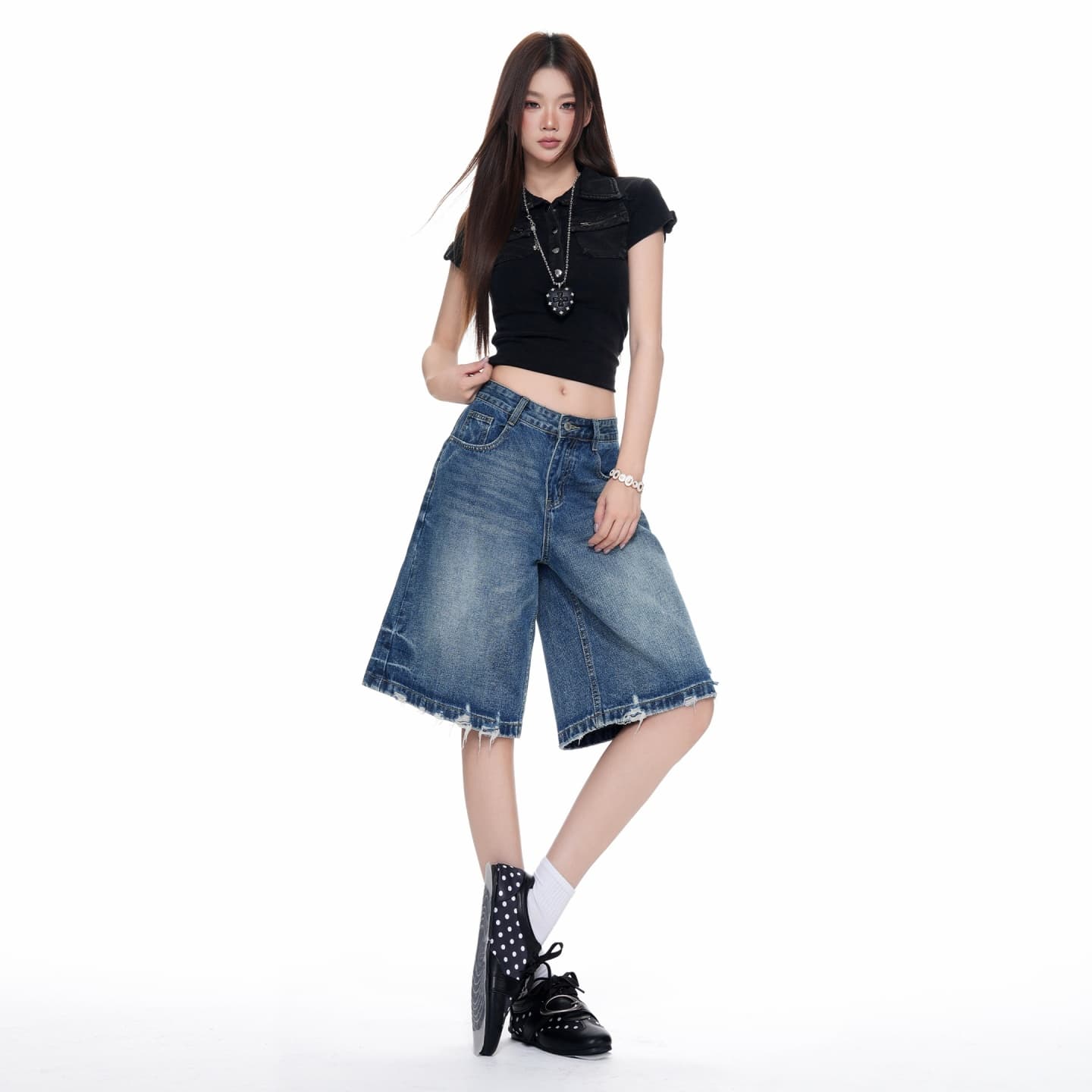 실사 아메리칸 레트로 워싱 5 점 청바지 여성 여름 새로운 하이웨이스트 루즈핏 표지 고기 찢어진 디자인 바지 이미지 4