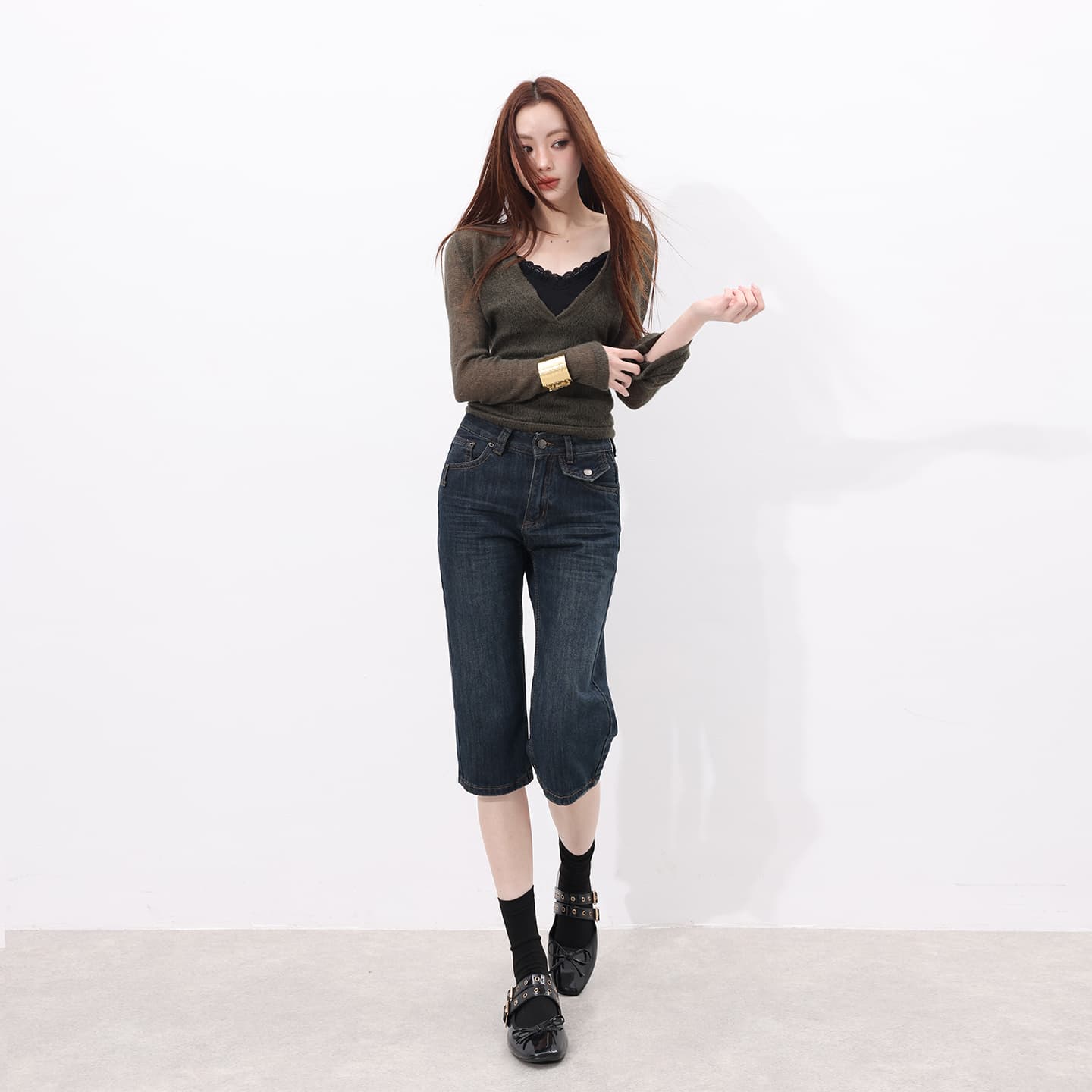 실사 세련된 싱글 제품 품격 프랑스식 레트로 기본 톤 천년기 거리 밖 스타일 단 닝 7부 바지 이미지 4