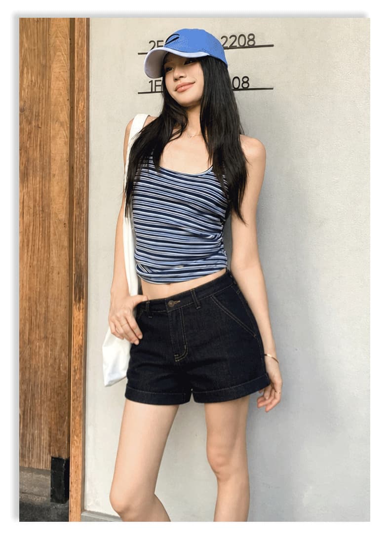 실사 아메리칸 레트로 뒤집다 측면 디자인 국방 퇴색하다 넓은 다리 데님 반바지 여성 상세 이미지 18