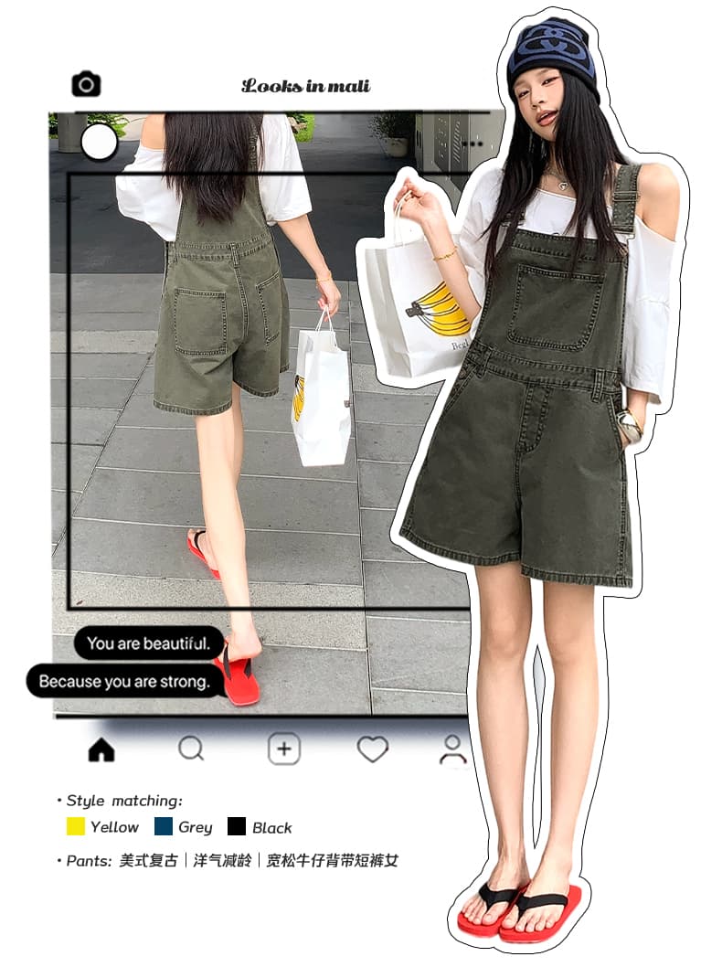 실사 아메리칸 레트로 외국 가스 연령 감소 루즈핏 데님 멜빵 반바지 여성 상세 이미지 1