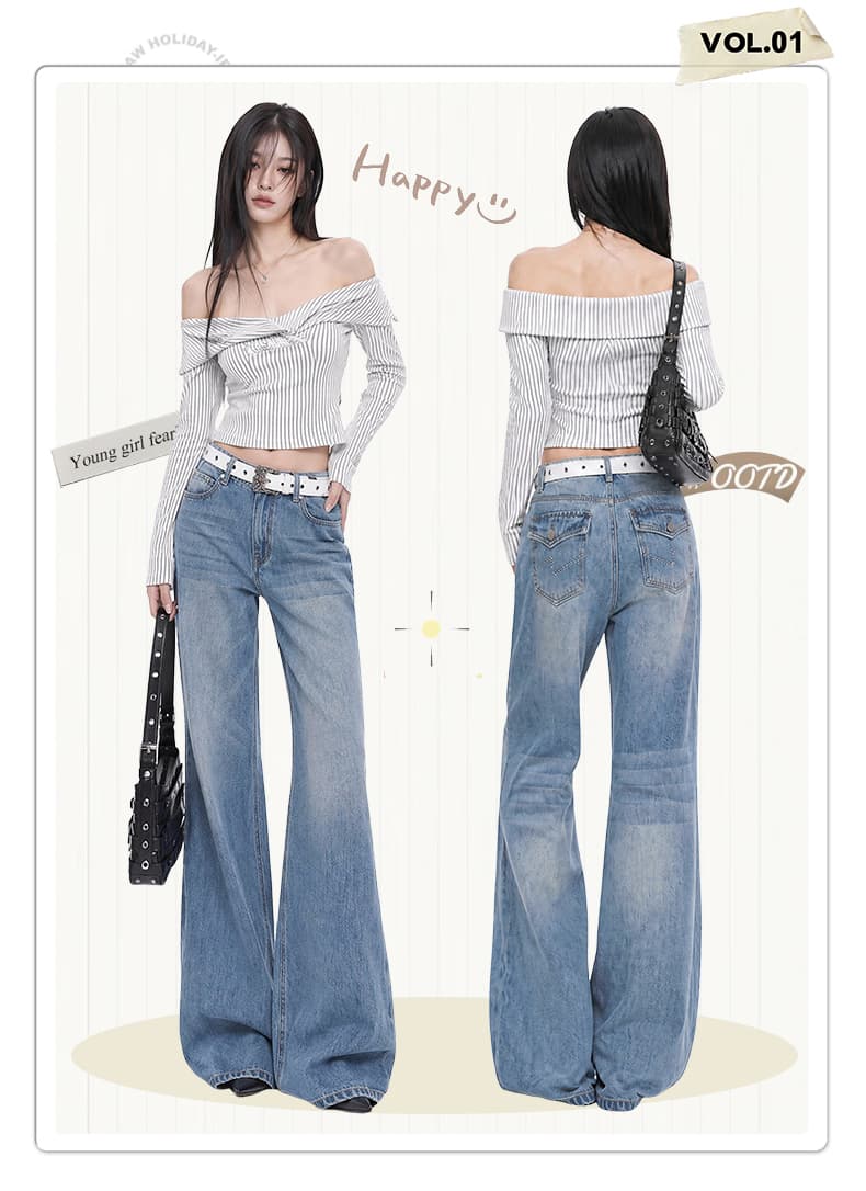 실사 im ~까지 시애틀 산책 레트로 블루스 자수 와이드 레깅스 바지 부츠컷 루즈핏 청바지 상세 이미지 2