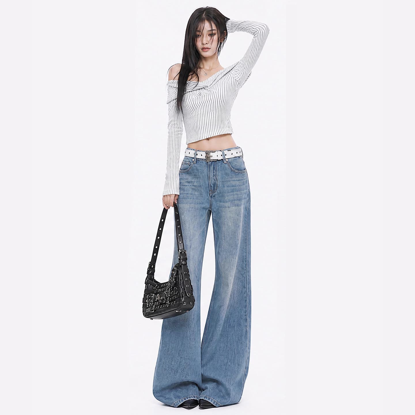 실사 im ~까지 시애틀 산책 레트로 블루스 자수 와이드 레깅스 바지 부츠컷 루즈핏 청바지 이미지 3