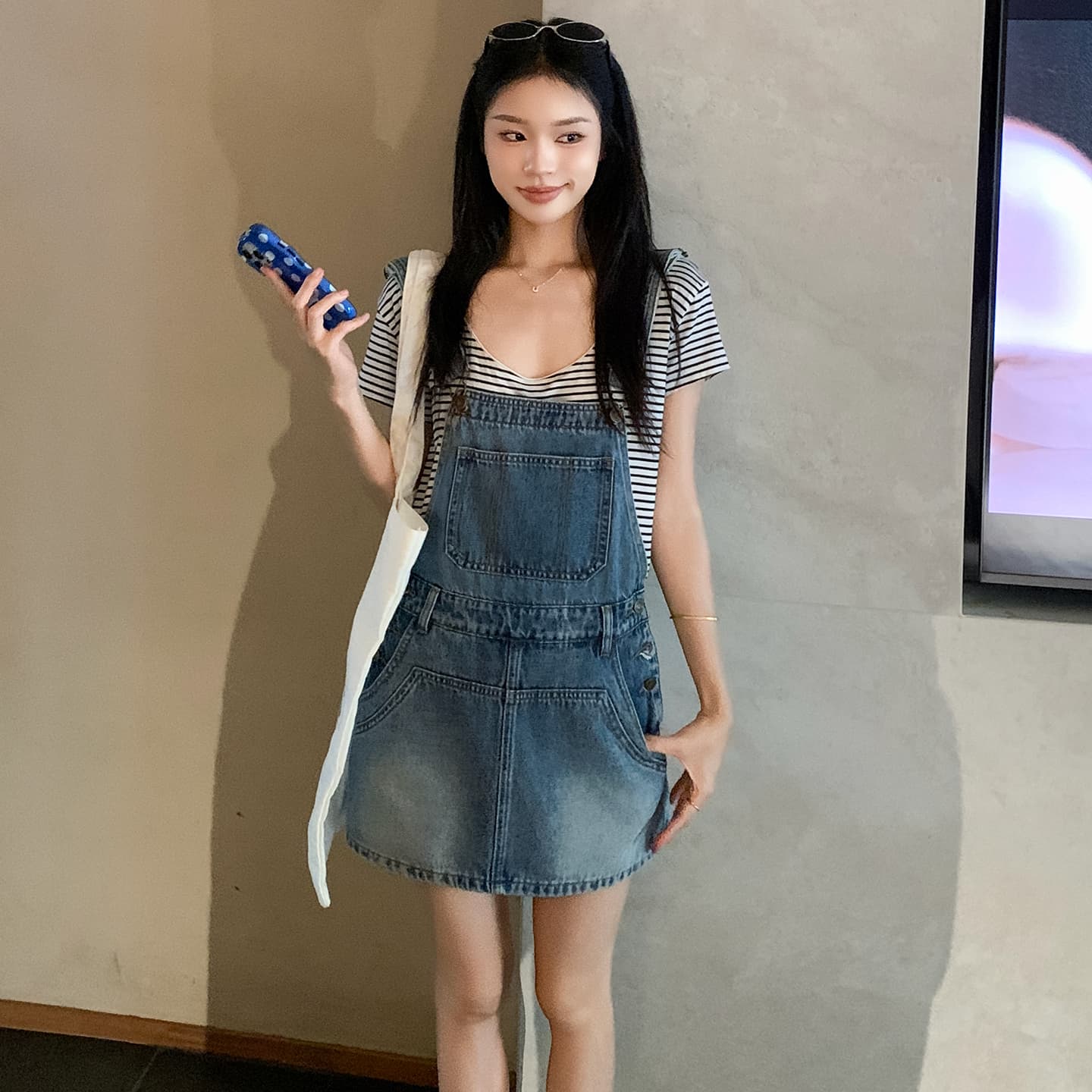 실사 아메리칸 레트로 외국 가스 연령 감소 국방 퇴색하다 루즈핏 데님 멜빵 반바지 여성
