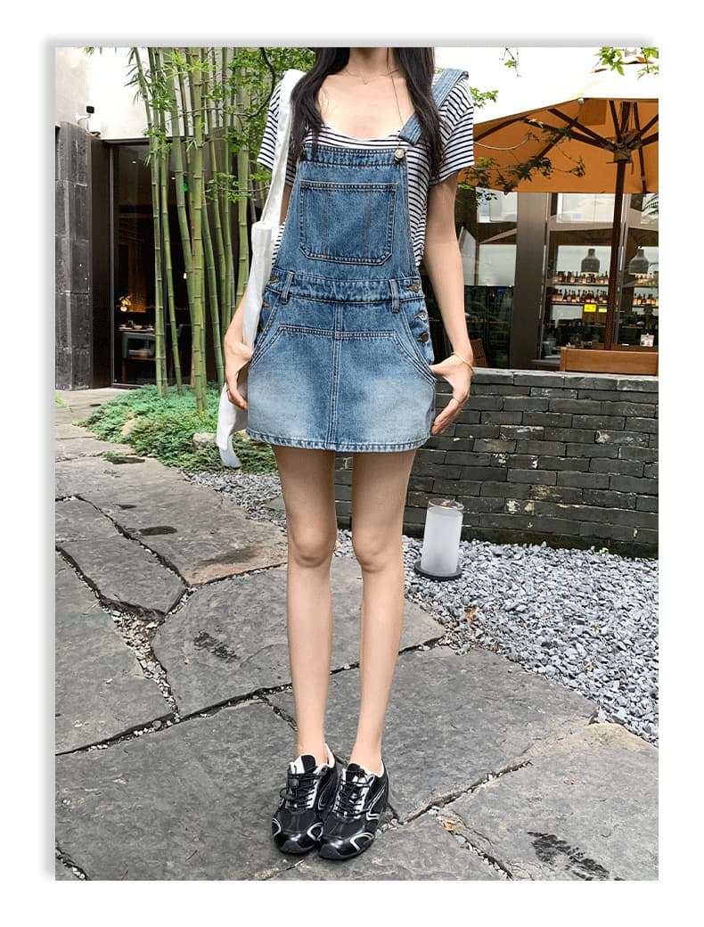 실사 아메리칸 레트로 외국 가스 연령 감소 국방 퇴색하다 루즈핏 데님 멜빵 반바지 여성 상세 이미지 13