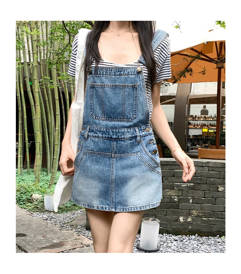 실사 아메리칸 레트로 외국 가스 연령 감소 국방 퇴색하다 루즈핏 데님 멜빵 반바지 여성 상세 이미지 16