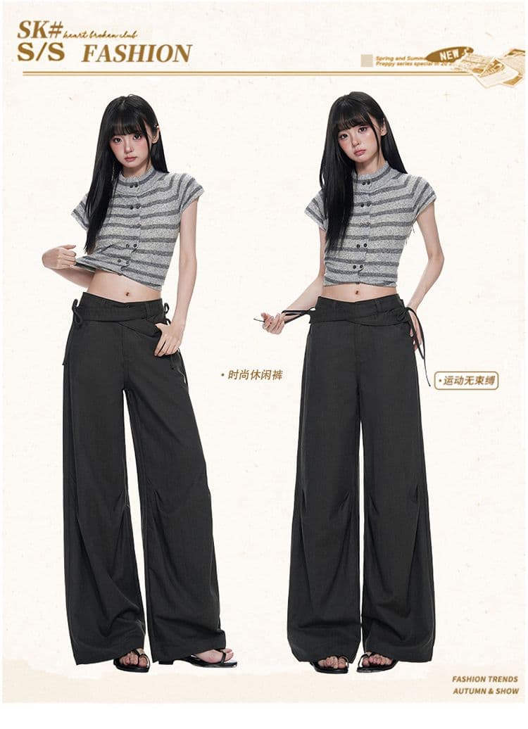 실사 디자인 센스 허리 머리 라이 경기 서울 더블 스트랩 디자인 플리츠 캐주얼 다용도 슬랙스 모통이 칼 바지 상세 이미지 1