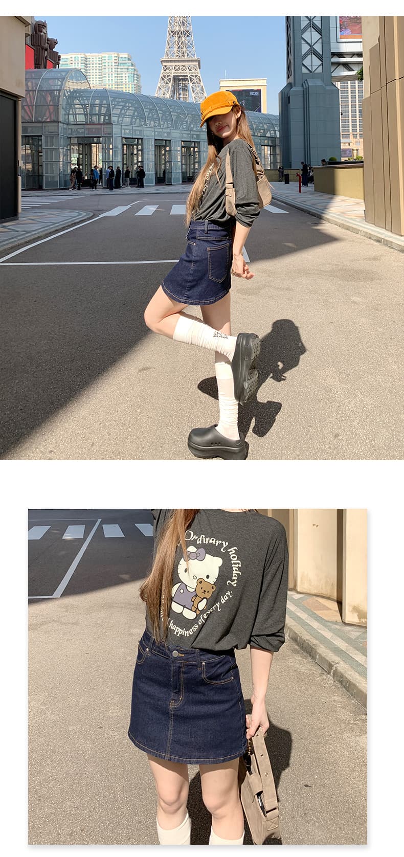 실사 낮음 포화 상태 한 여성 착용 가져 가라. 일상 단편화 달콤한 차가운 거리 데님 미니 스커트 포함 안감 상세 이미지 5
