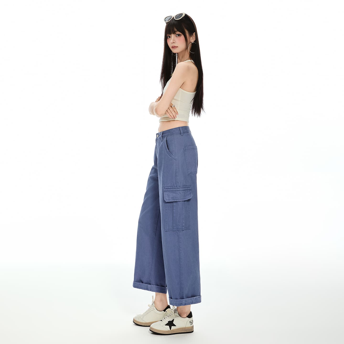 진짜 슈팅 일 블루 아메리칸 레트로 루즈핏 스트레이트 다용도 2026 가을 새로운 워크웨어 팬츠 9 포인트 청바지 여성 이미지 3