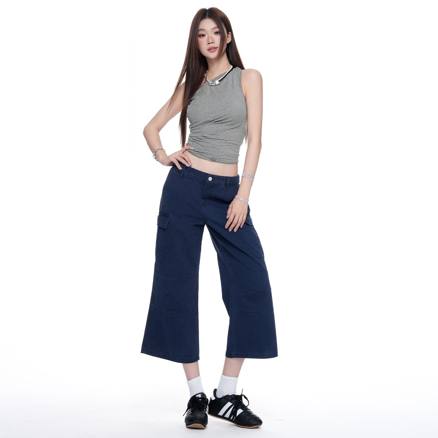 실사 아메리칸 레트로 중 로우 웨이스트 부츠컷 7 점 워크웨어 청바지 여성 이미지 2
