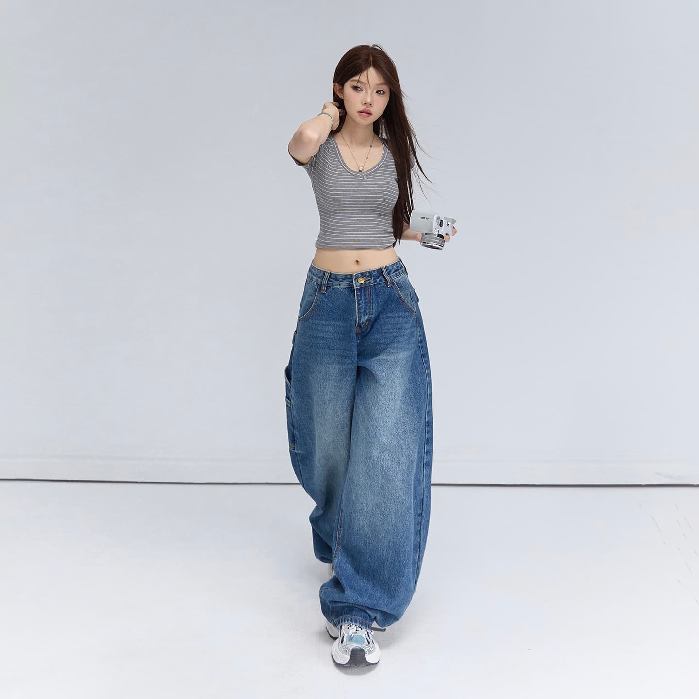 실사 아메리칸 레트로 루즈핏 와이드 레그 팬츠 워크웨어 팬츠 다용도 모통이 칼 바지 청바지 여성 2026 새로운
