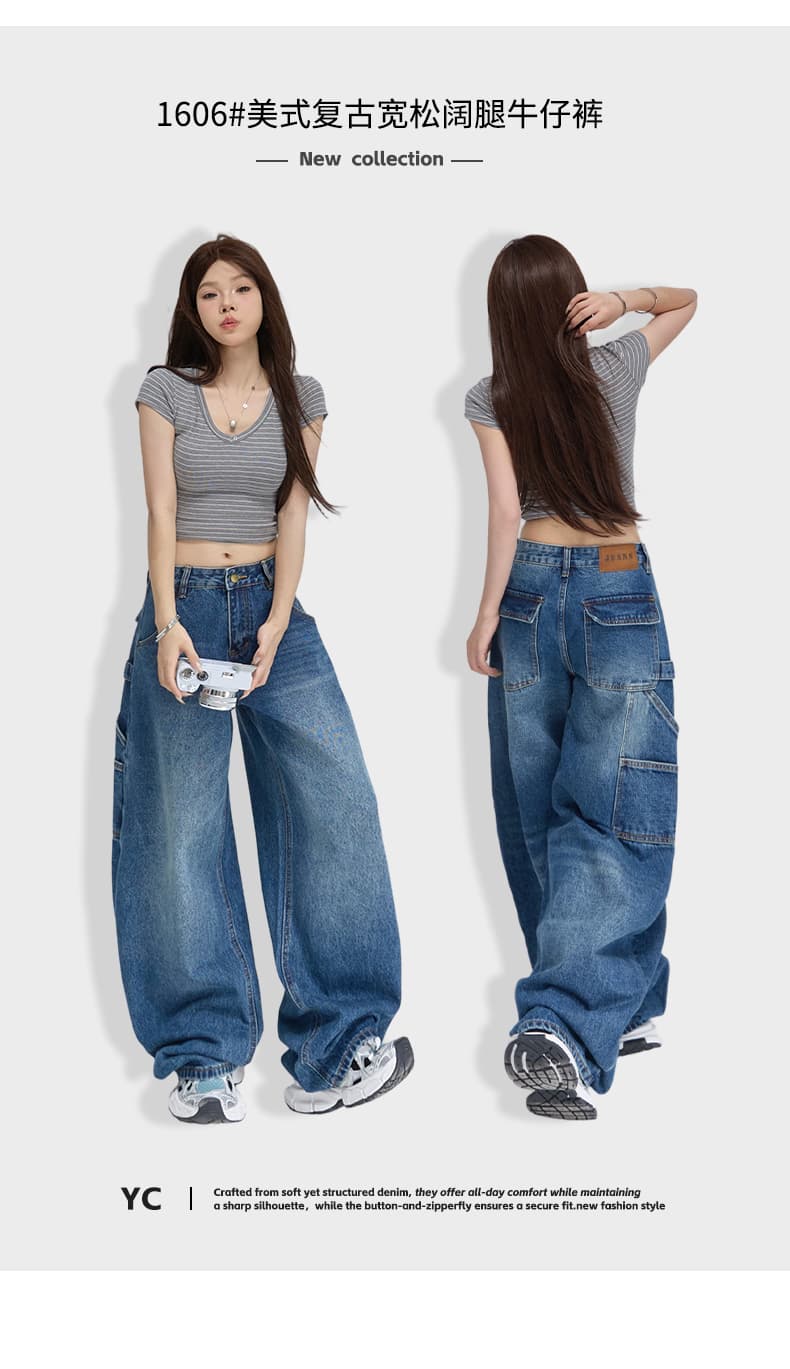 실사 아메리칸 레트로 루즈핏 와이드 레그 팬츠 워크웨어 팬츠 다용도 모통이 칼 바지 청바지 여성 2026 새로운 상세 이미지 1