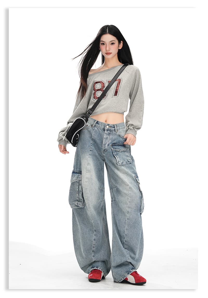 실사 아메리칸 레트로 기타 주머니 디자인 루즈핏 넓은 다리 워크웨어 청바지 여성 상세 이미지 8