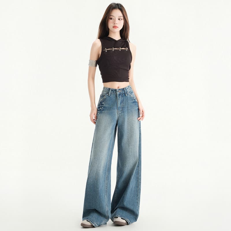 실사 아메리칸 레트로 징 장식 대나무 마디 데님 패브릭 루즈핏 넓은 다리 청바지 여성
