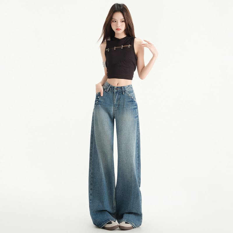 실사 아메리칸 레트로 징 장식 대나무 마디 데님 패브릭 루즈핏 넓은 다리 청바지 여성 이미지 3