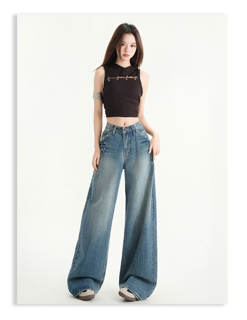 실사 아메리칸 레트로 징 장식 대나무 마디 데님 패브릭 루즈핏 넓은 다리 청바지 여성 상세 이미지 18