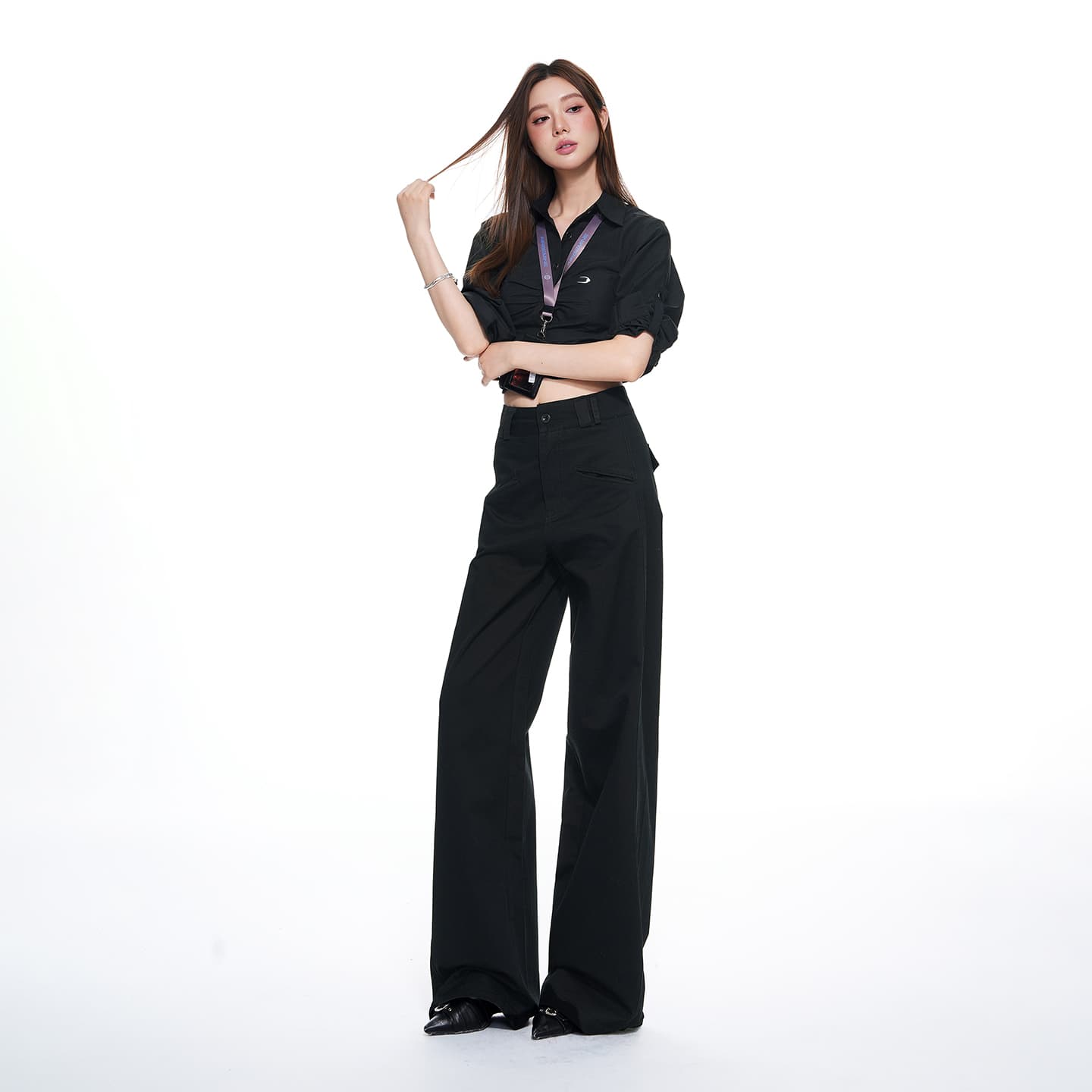 실사 26 년 가을 겨울철 새로운 비스듬한 가방 삽입 디자인 센스 중 하이웨이스트 루즈핏 슬림해 보이는 캐주얼 와이드 레깅스 바지 이미지 3