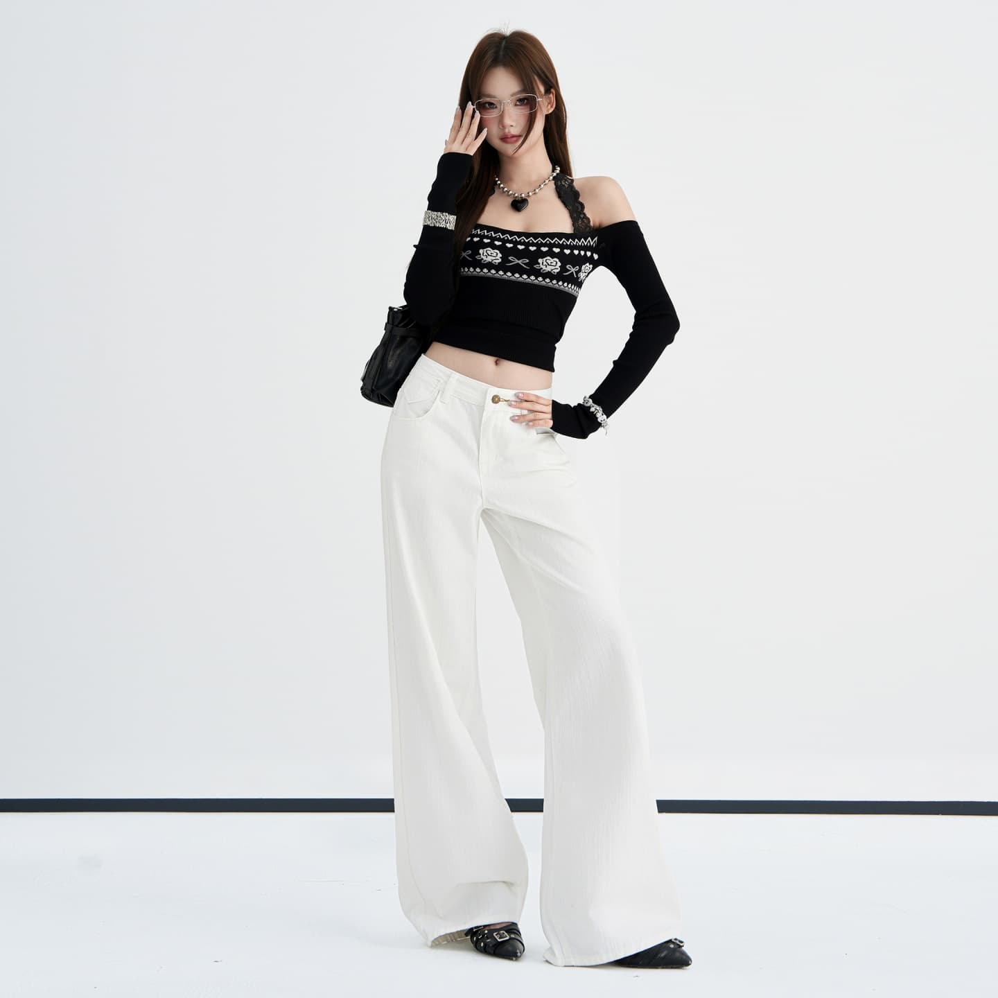 실사 달콤한 차가운 바람 화이트 부츠컷 청바지 여성 이른 가을 새로운 개성 등 허리 금속 단추 자수 바닥 청소 바지 이미지 2