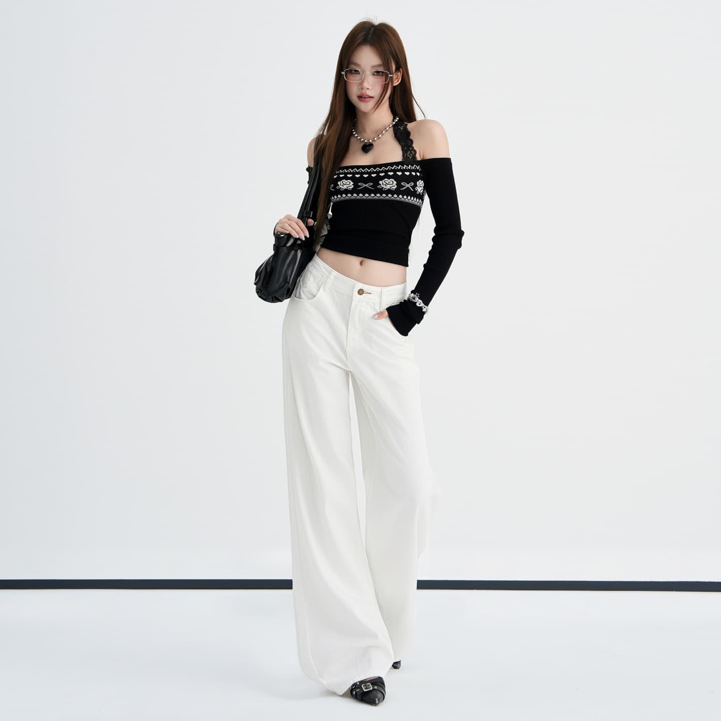 실사 달콤한 차가운 바람 화이트 부츠컷 청바지 여성 이른 가을 새로운 개성 등 허리 금속 단추 자수 바닥 청소 바지 이미지 5