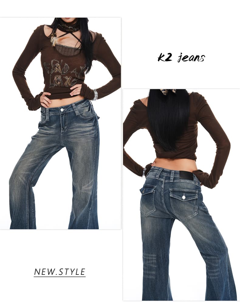 실사 2026 새로운 고양이 반드시 가방 표지 연삭 화이트 몸매 가꾸기 부츠컷 청바지 여성 가을 아메리칸 레트로 캐주얼 로우 허리 바지 상세 이미지 10