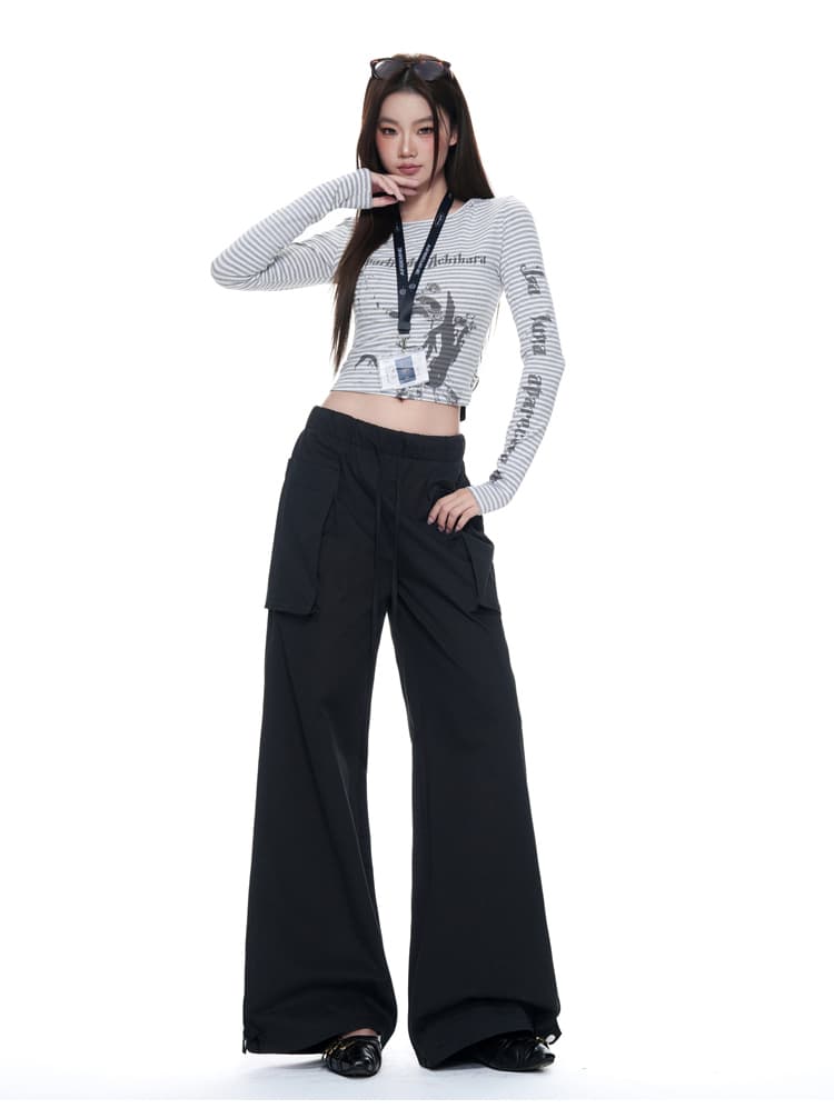 실사 검정색 펌프 로프 허리밴드 워크웨어 팬츠 가을 3 차원 빅 포켓 넓은 다리 캐주얼 바지 상세 이미지 22