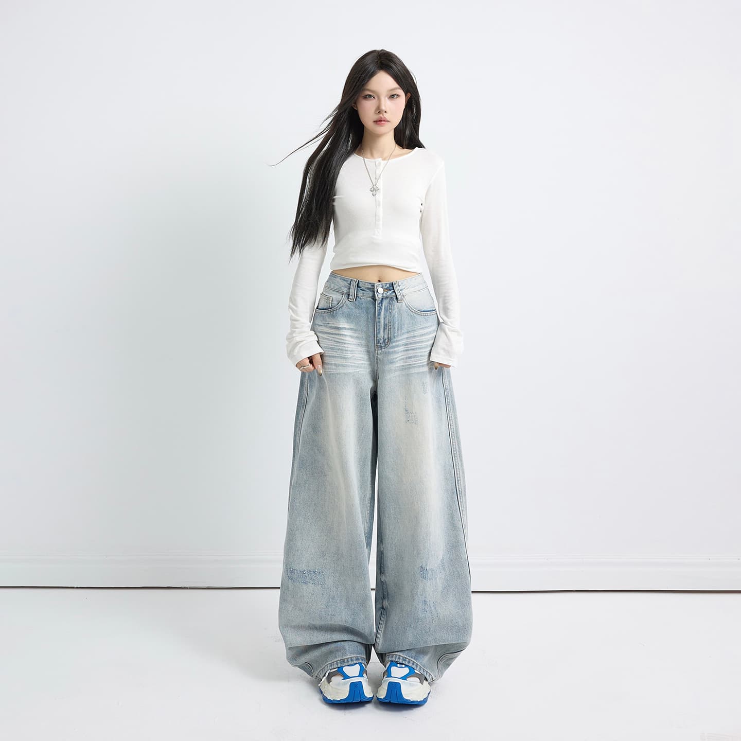 실사 아메리칸 레트로 워싱 하이웨이스트 루즈핏 와이드 레그 팬츠 다용도 도루 센스 찢어진 찢어진 부분 스트레이트 청바지 여성