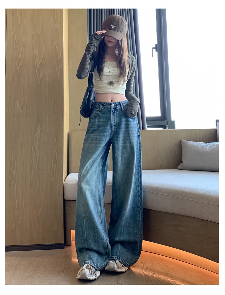 실사 느슨함 느긋한 디자인 센스 와이드 레그 팬츠 조수 브랜드 작은 대중 루즈핏 도루 센스 청바지 여성 바닥 청소 바지 상세 이미지 18