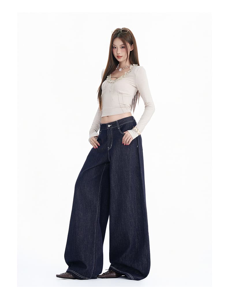 실사 가을 겨울철 새로운 단 니켈 블루 국방 퇴색하다 워싱 패치워크 자손 디자인 센스 중간 허리 넓은 다리 청바지 여성 상세 이미지 12