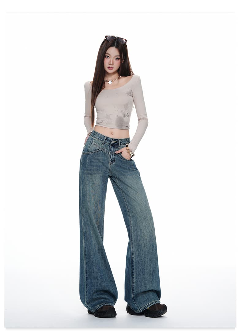 실사 아메리칸 레트로 중간 허리 하이웨이스트 루즈핏 와이드 레그 팬츠 도루 센스 핫걸 바닥 청소 노스탤지어 블루 진한 파란색 원본 청바지 상세 이미지 17