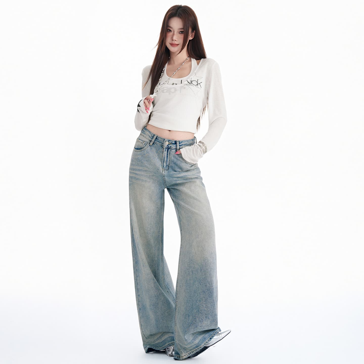 실사 아메리칸 레트로 워싱 주름 루즈핏 스트레이트 넓은 다리 청바지 여성 이미지 5