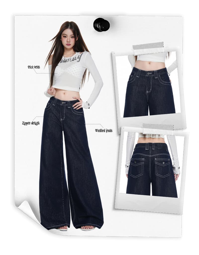 실사 아메리칸 레트로 작은 대중 주머니 디자인 국방 퇴색하다 루즈핏 넓은 다리 청바지 여성 상세 이미지 3